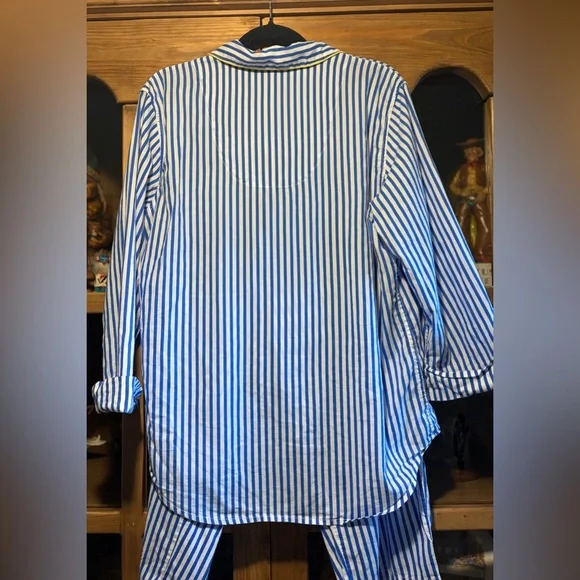 Lauren Ralph Lauren Blue and White Striped with Yellow Trim Pajamas Size Large - Picture 7 of 11